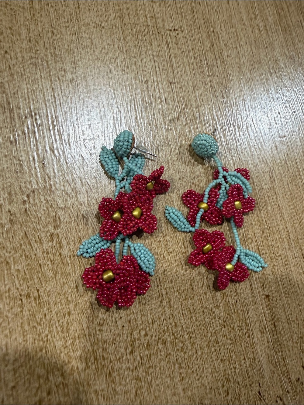 Noonday Collection Red and Mint Floral Beaded Drop Earrings